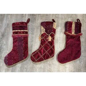 Set of 3 Burgundy & Gold Embellished Christmas Stockings Red Velour